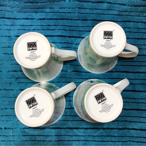 Set Of 4 Unused, 222 Fifth Lakshmi Porcelain Peacock Mugs - Picture 8 of 16